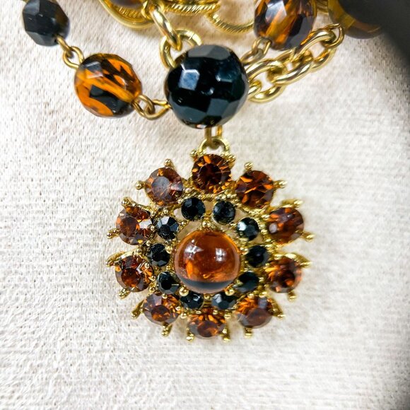 Graziano 3 strand Amber Tortoise Shell Beaded Necklace Rhinestone Pendant - Picture 3 of 6
